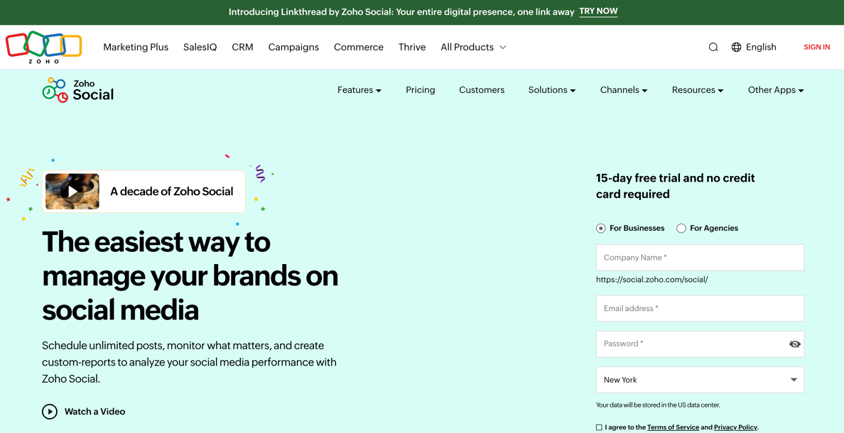Zoho Social Landing