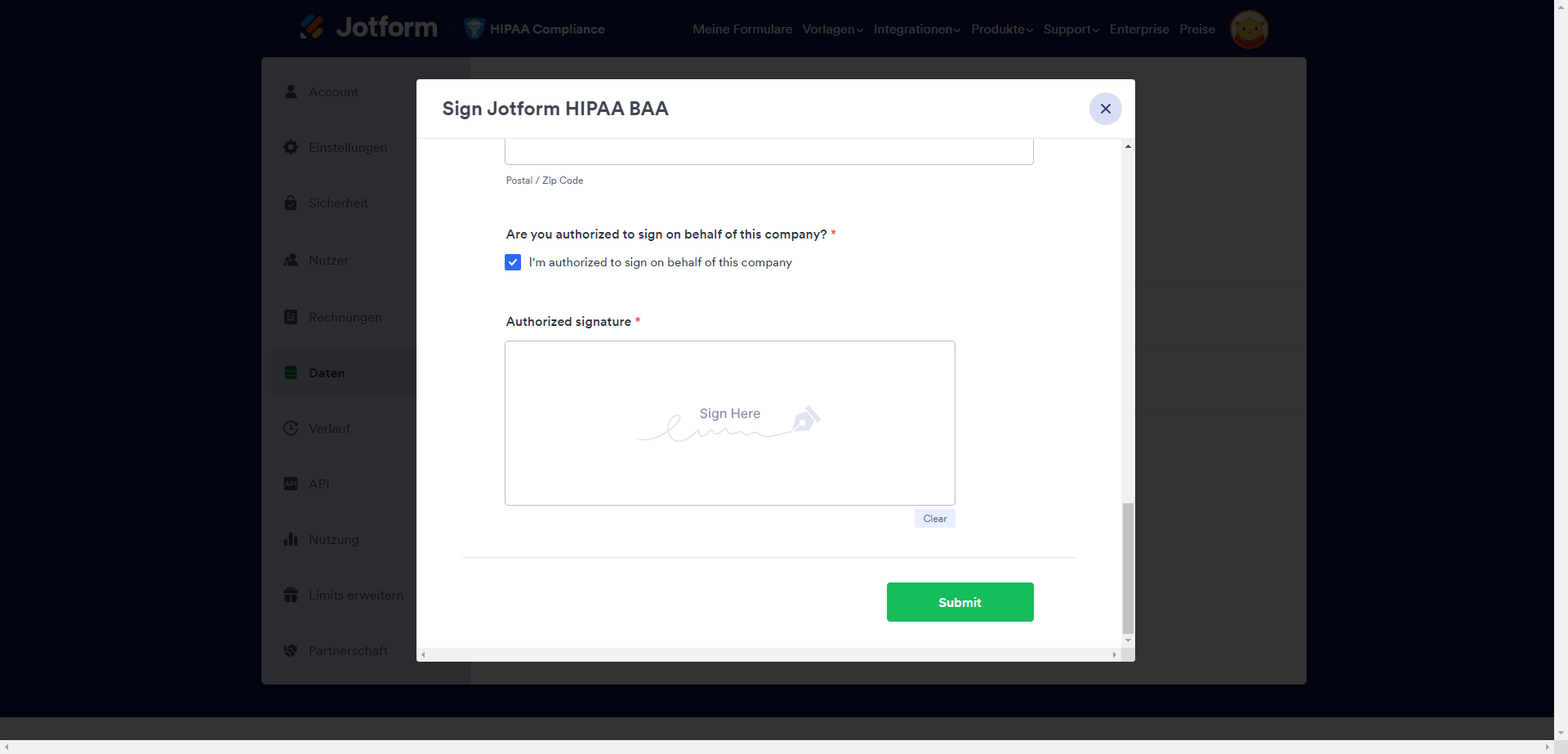 Jotform HIPAA BAA unterzeichnen