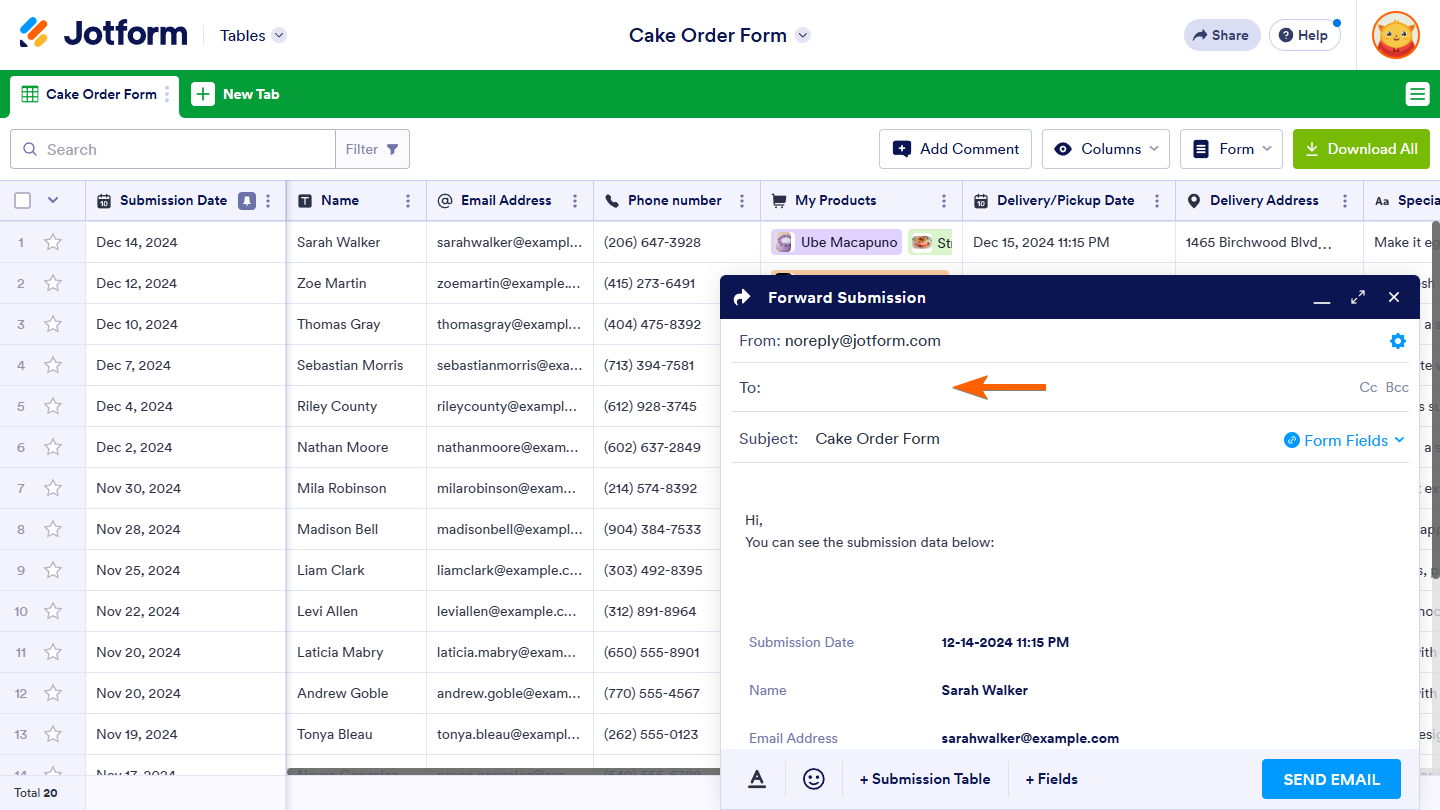 Recipient field in the Forward Submission panel in Jotform Tables