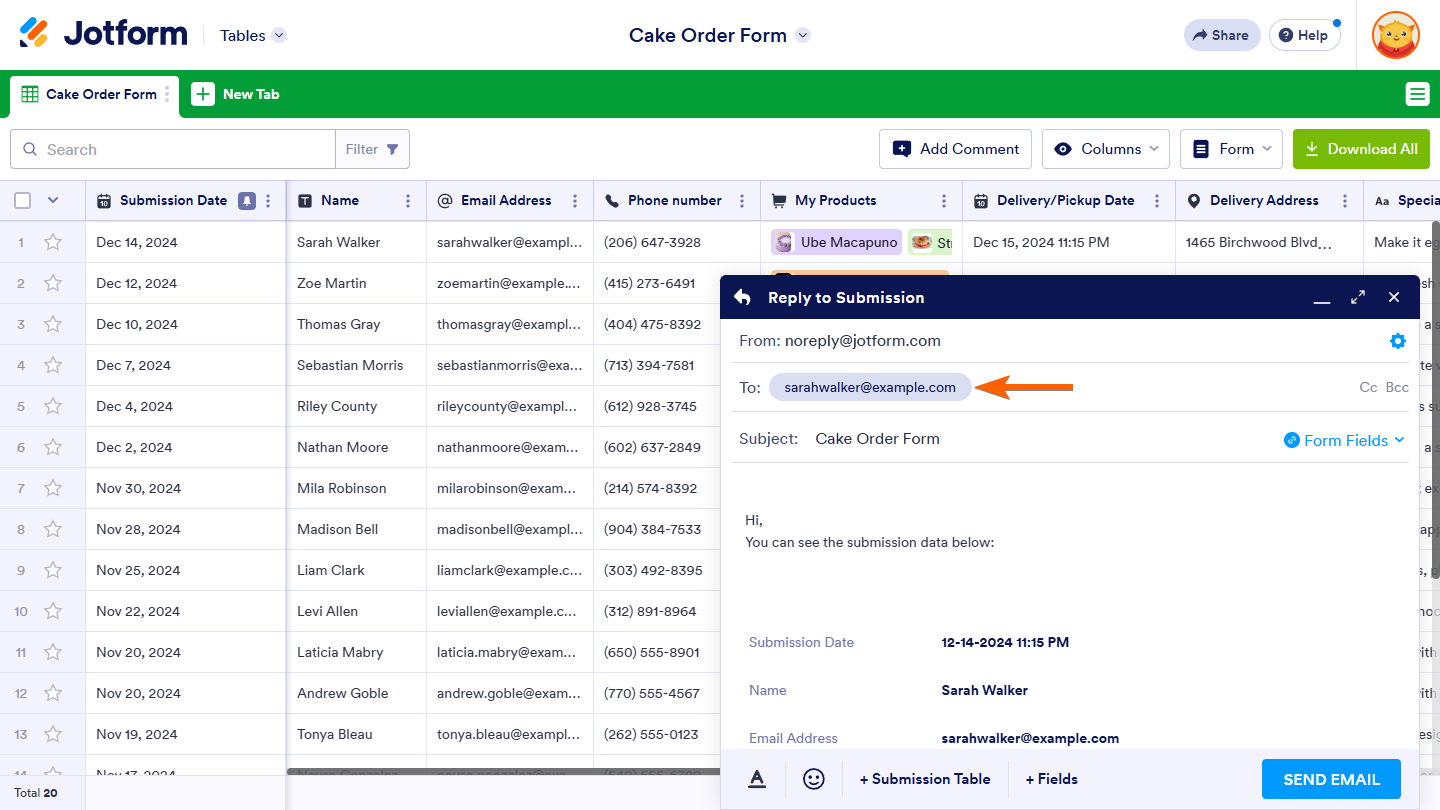 Recipient field in the Reply to Submission panel in Jotform Tables