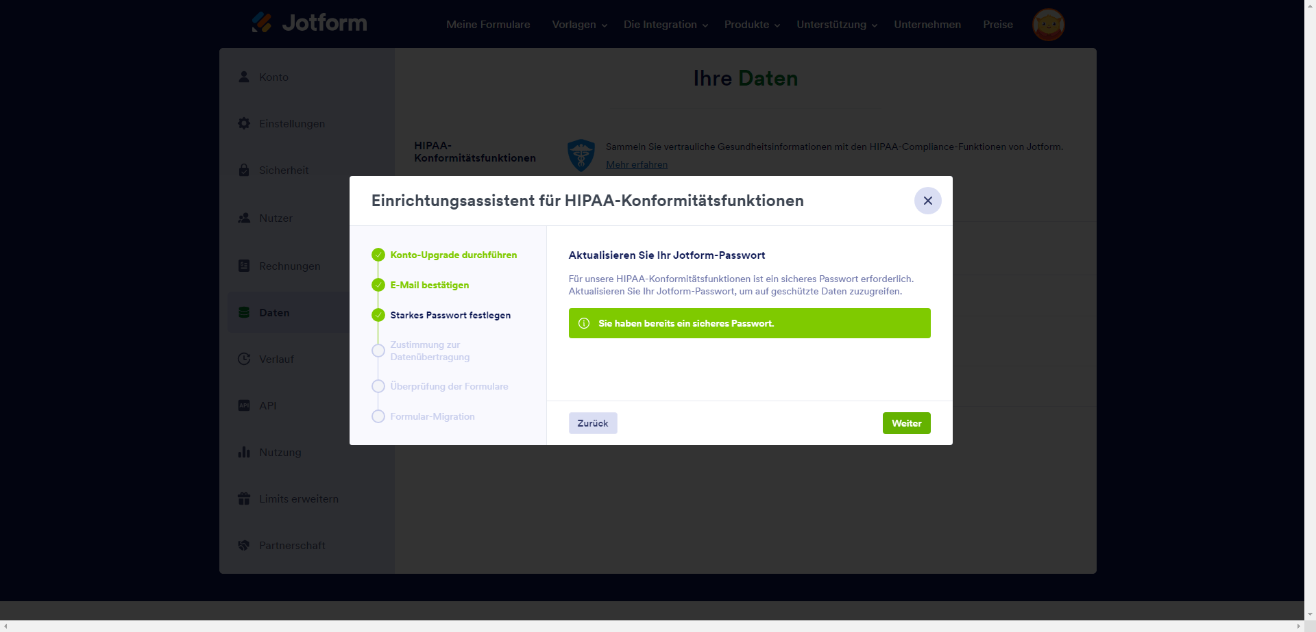 Legen Sie ein sicheres Passwort fest, wenn Sie Funktionen zur Einhaltung des HIPAA aktivieren