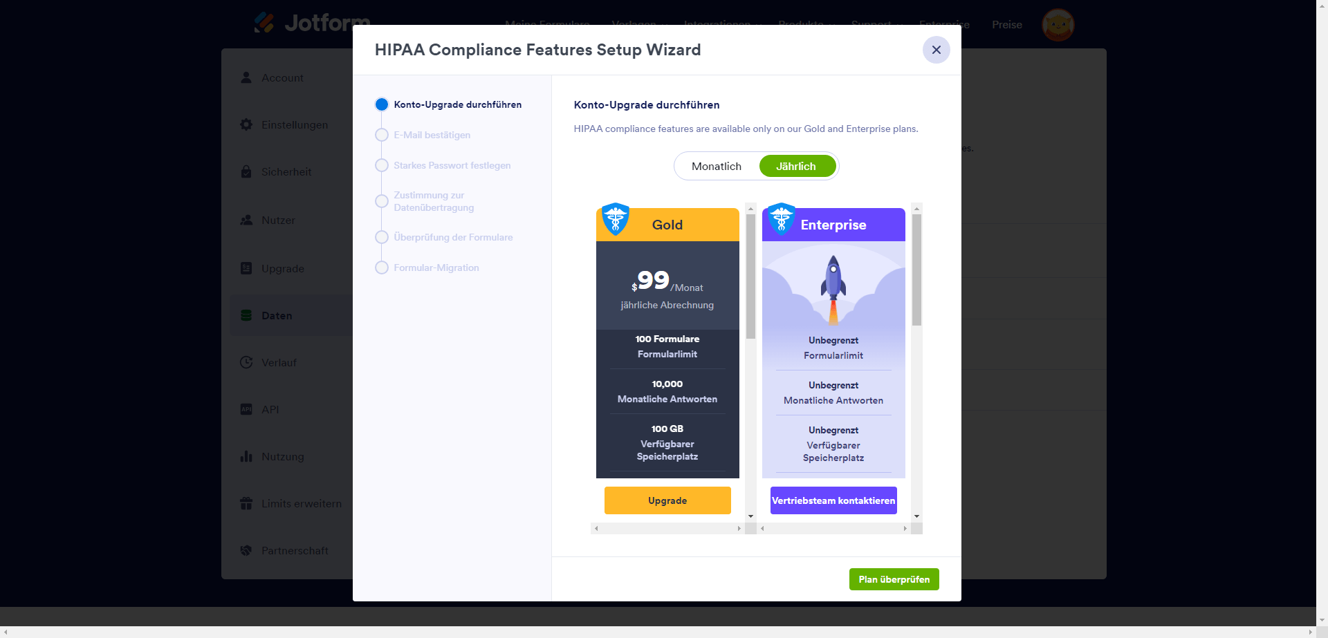 Upgrade-Aufforderung bei Aktivierung der HIPAA-Compliance-Funktionen
