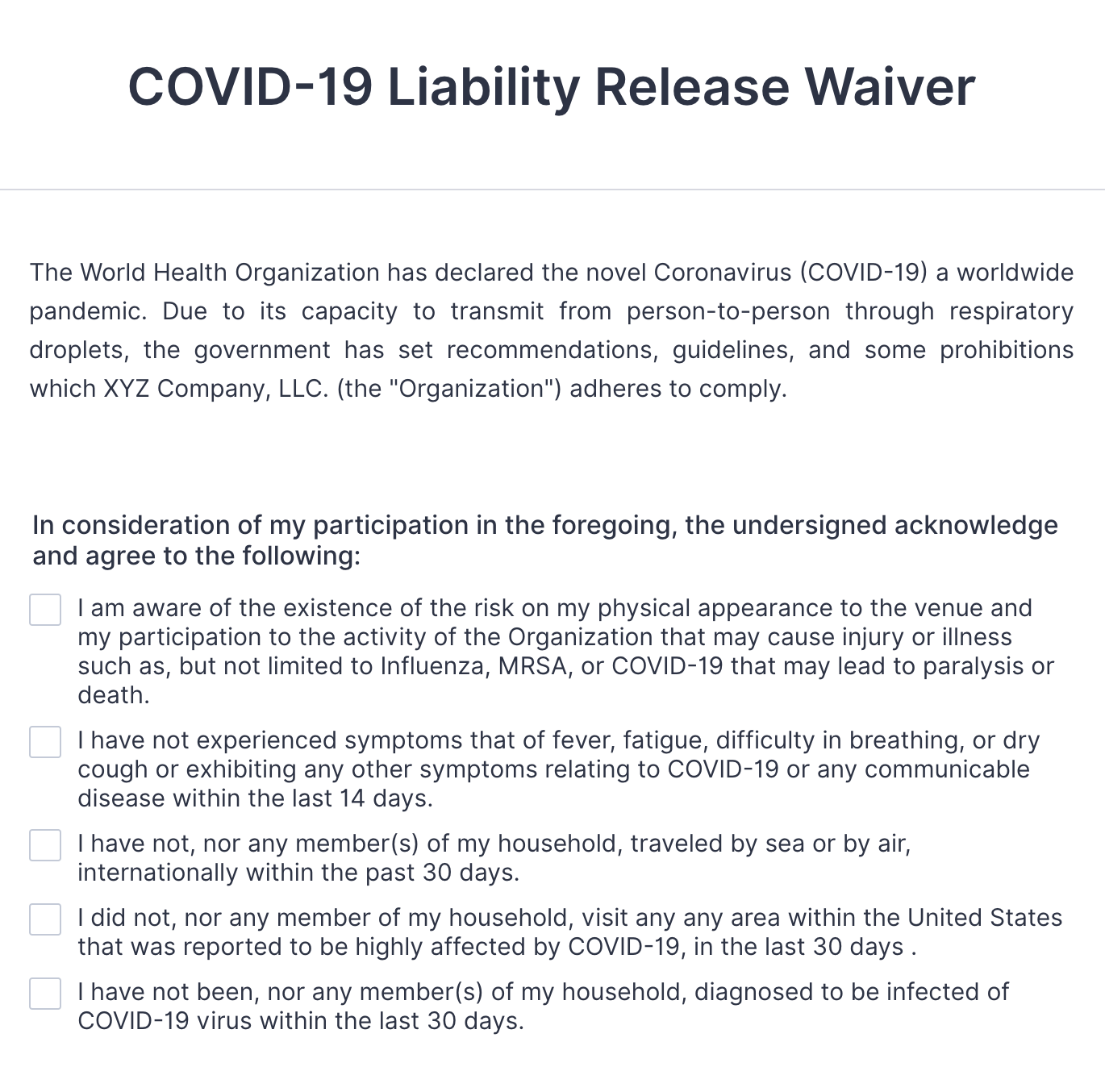 COVID-19 Liability Waiver Template