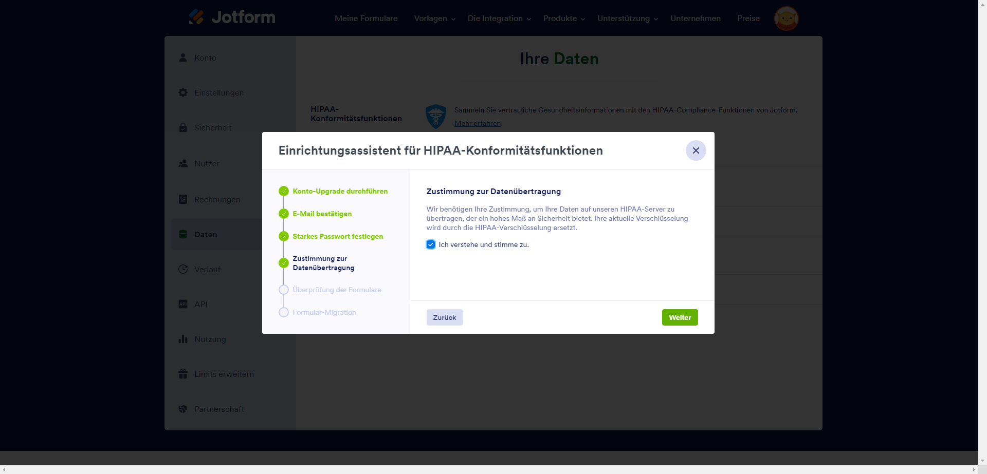 Zustimmung zur Datenübertragung bei Aktivierung der HIPAA-Compliance-Funktionen