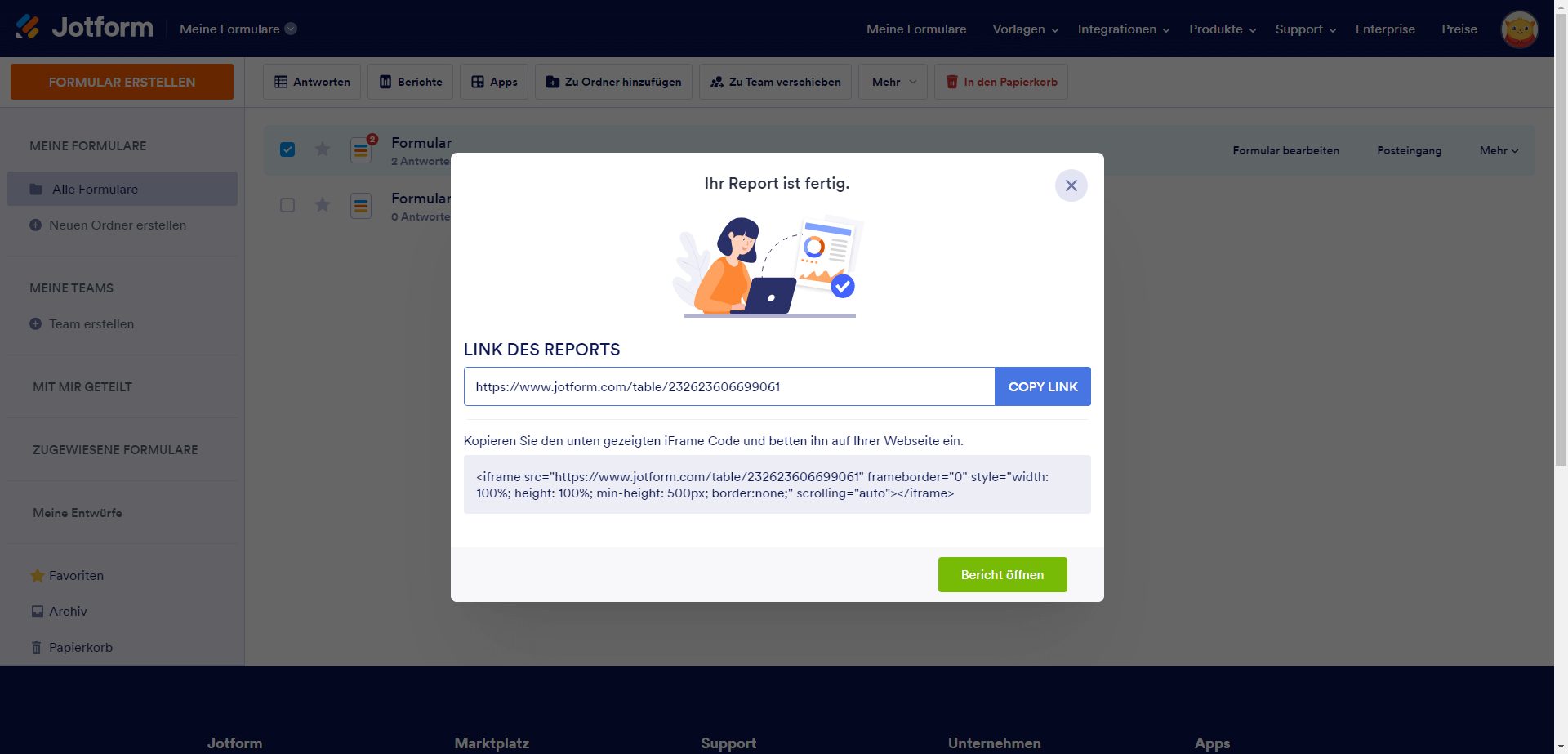 Jotform Report link kopieren