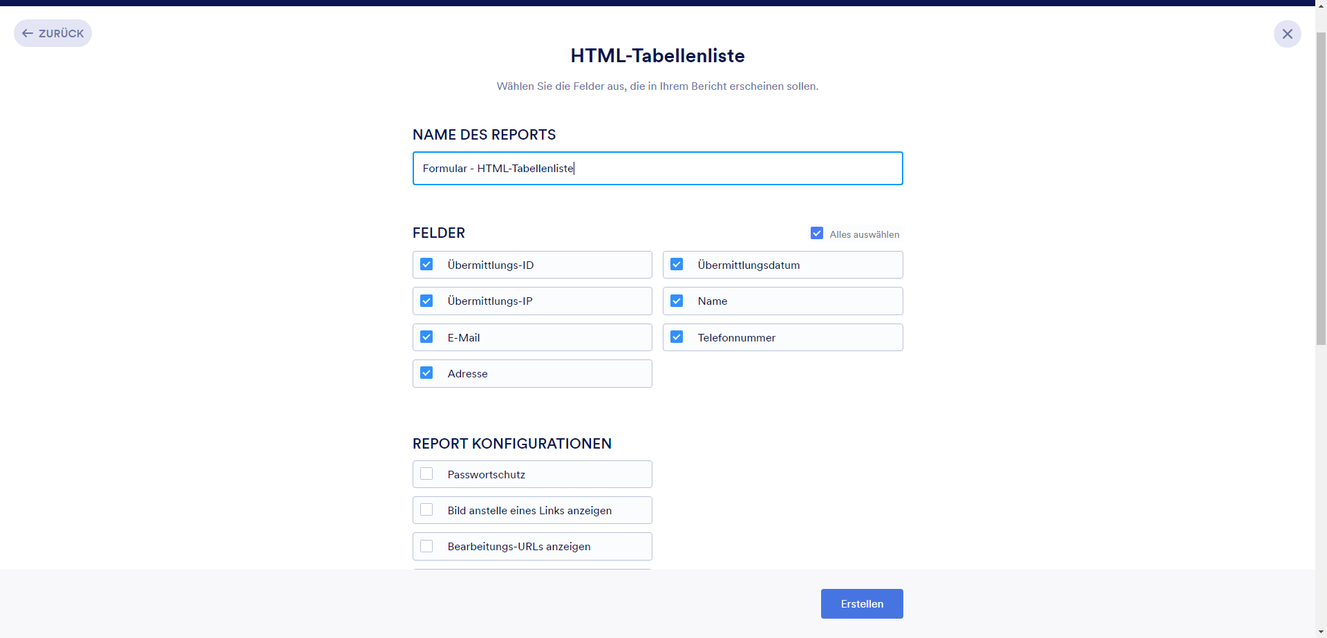 HTML Tabellenliste Felder
