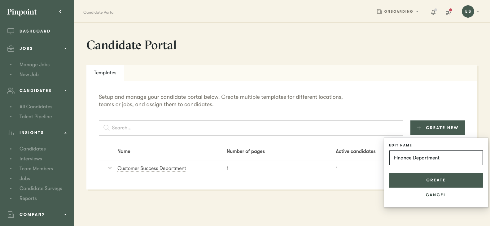 screenshot of pinpoint product interface showing the candidate portal