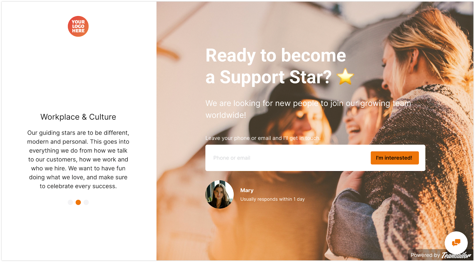 screenshot of teamtailor landing page with the words ready to become a support star