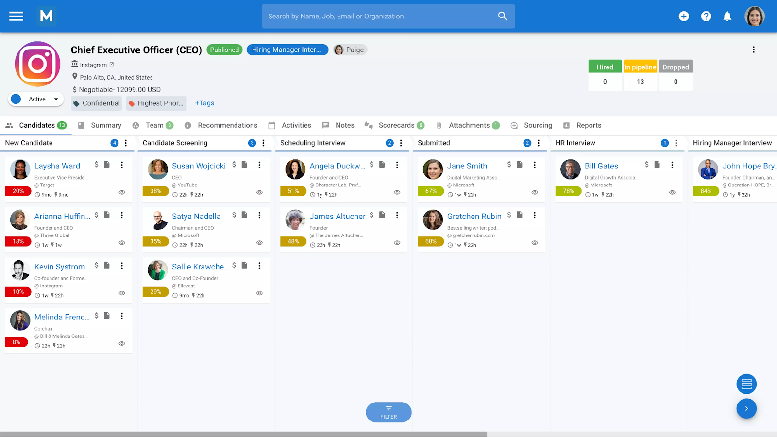 manatal product interface showing the candidates and schedules task timelines