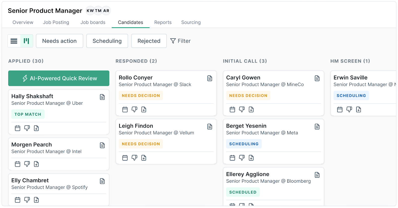 screenshot of Dover product interface showing a senior product manager recruitment phases