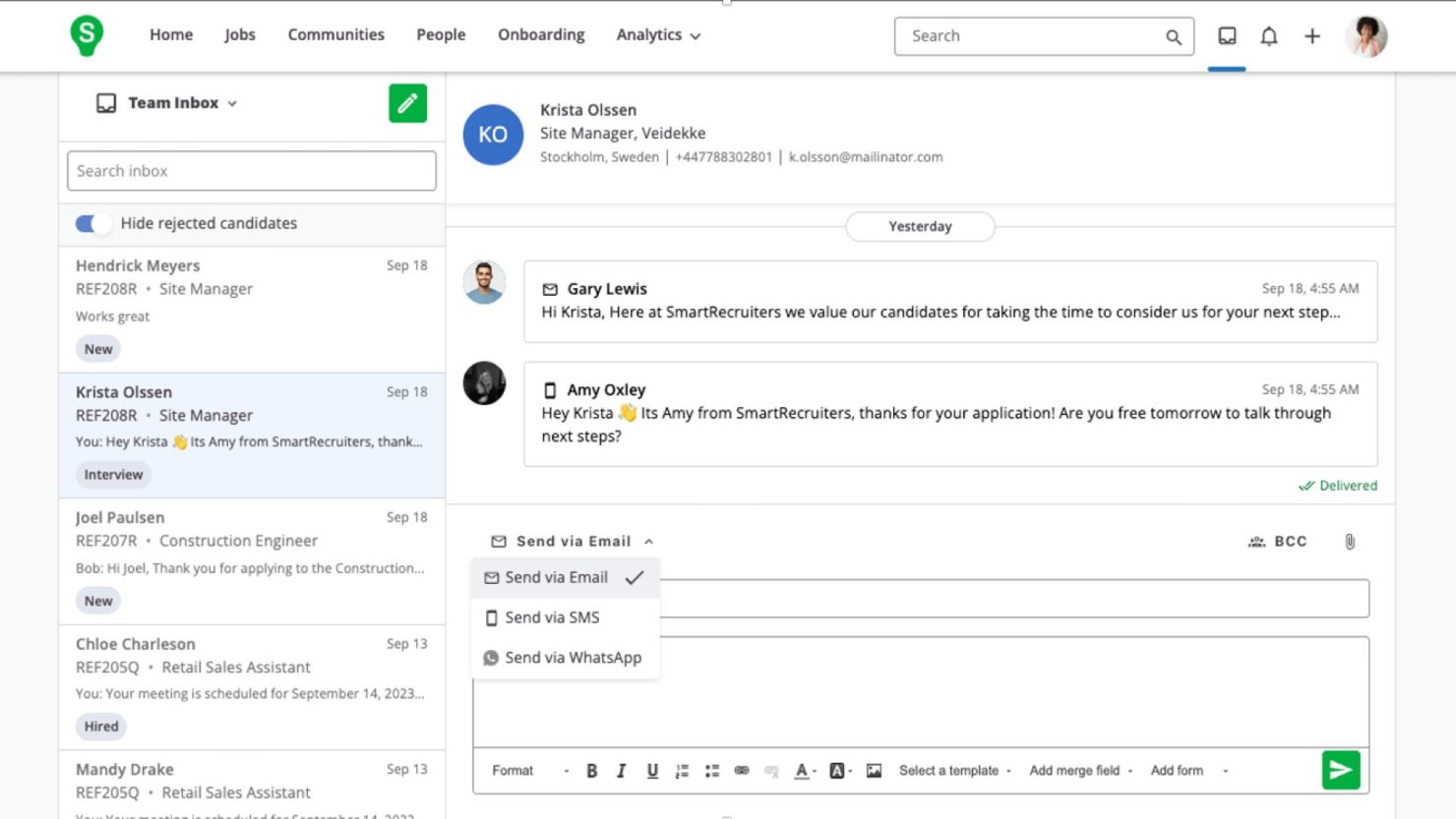 smartrecruiters product interface showing the chat screen
