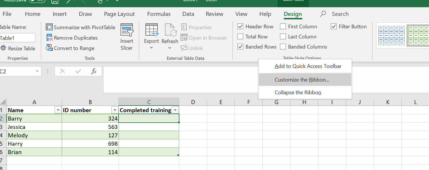 Excel'de Şeridi Özelleştir'e tıklama