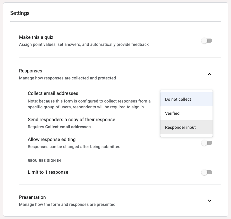 Selecting the Responder input option under the Collect email addresses options