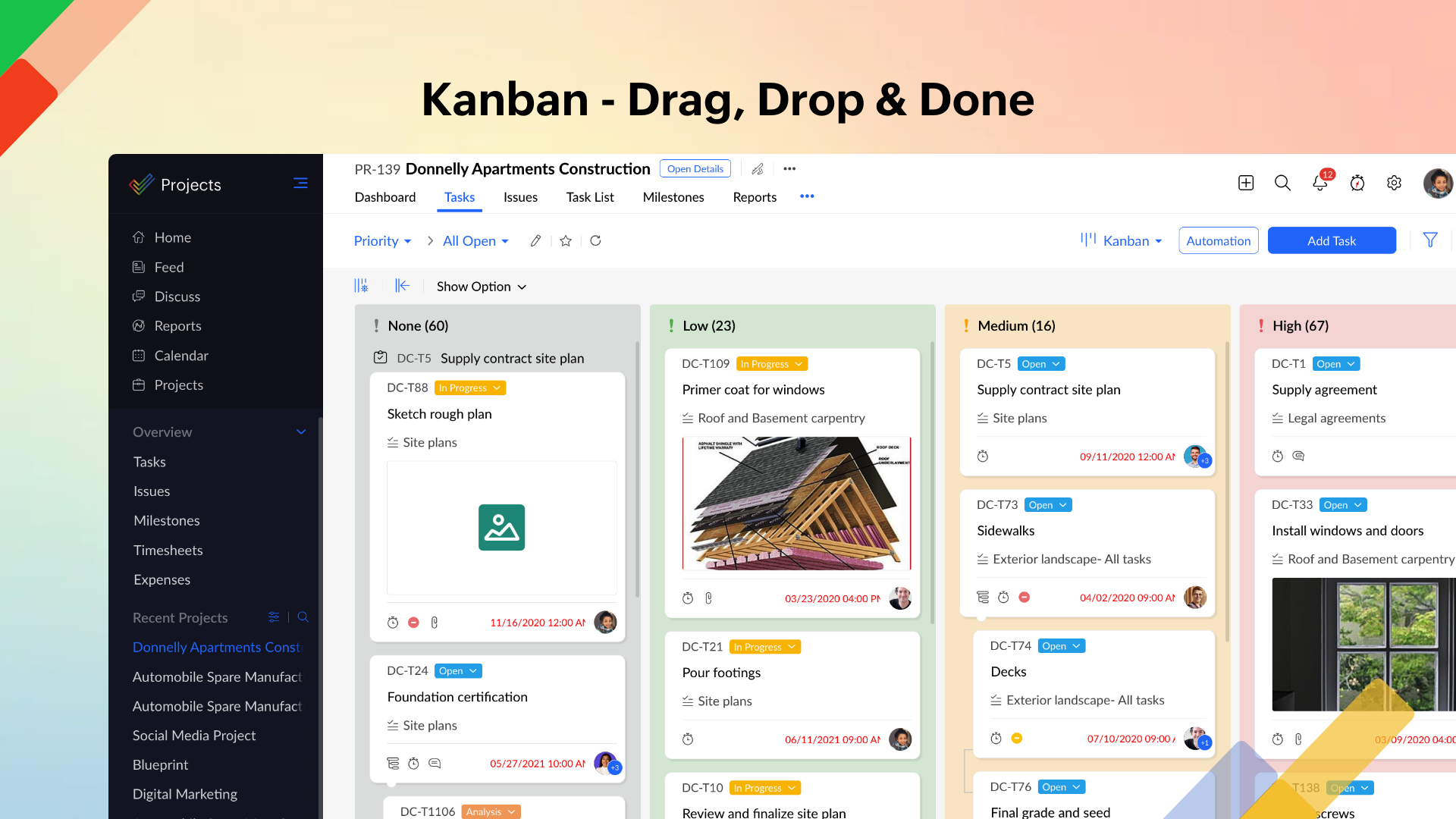 zoho projects kanban board with the words drag drop and done