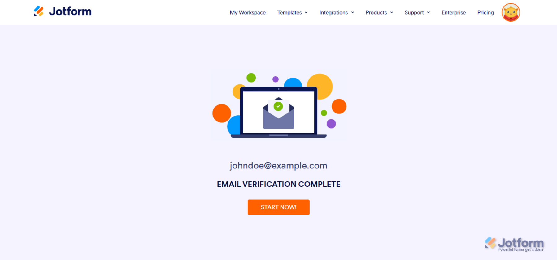 Email Verification Complete message for changing account email address in Jotform