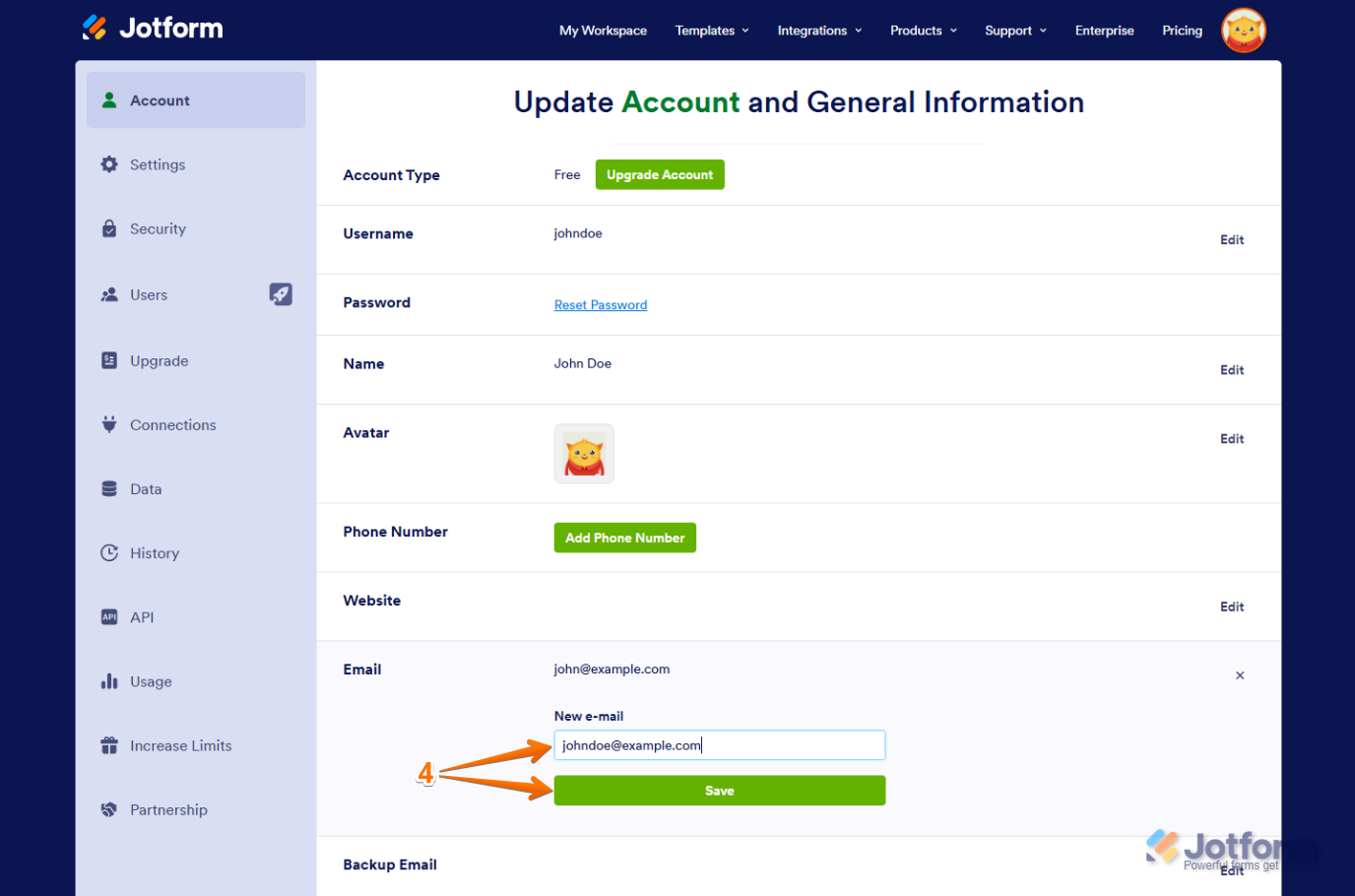 Enter new email address Save button in Jotform Account page