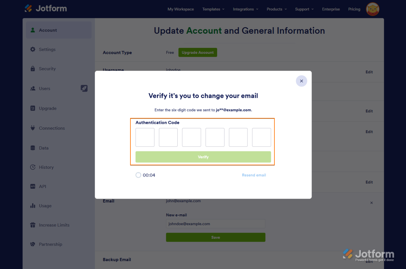 Verify Change Account Email Address pop-up in Jotform Account page