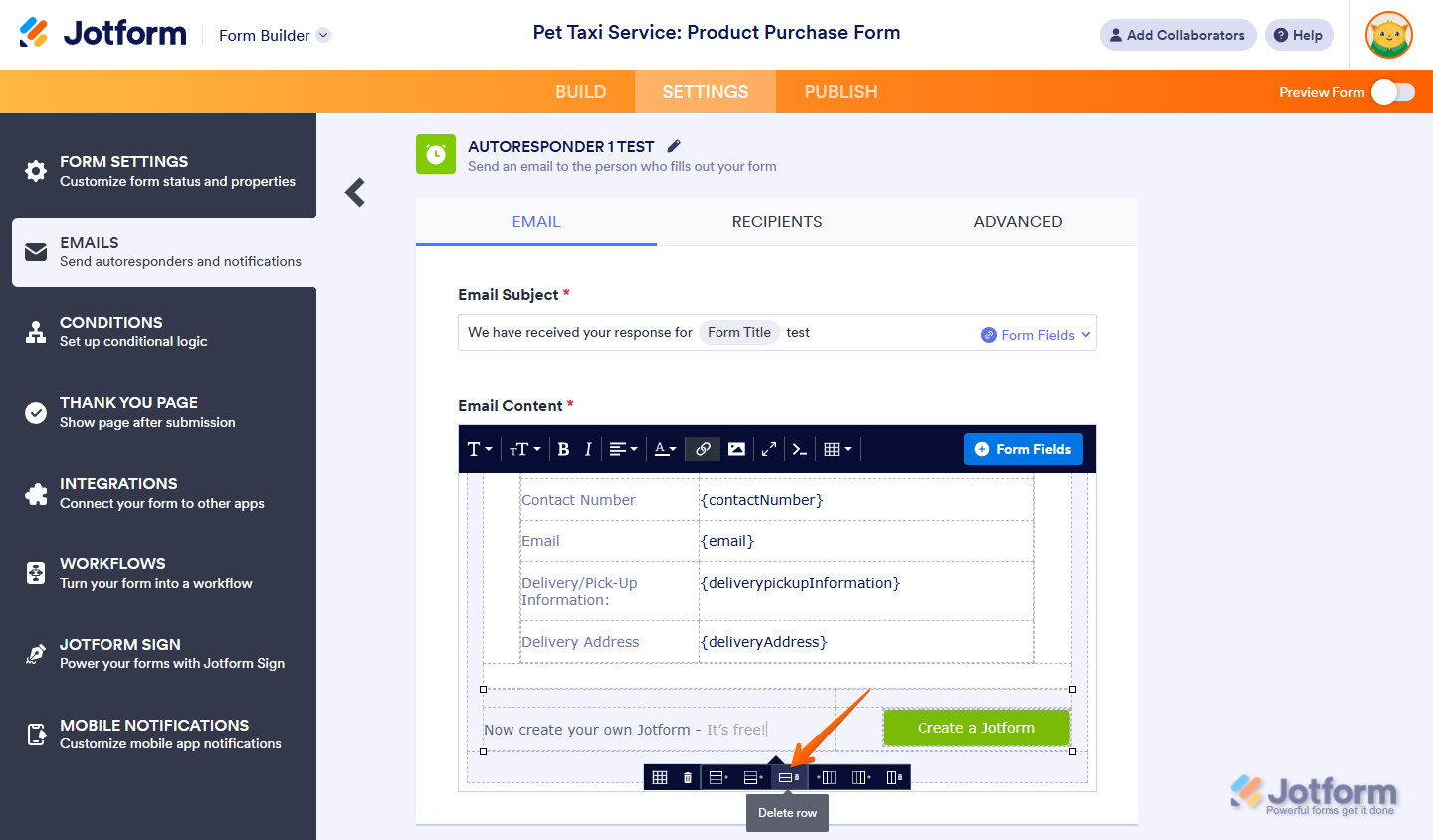 Delete Jotform Branding row in Autoresponder Email settings in Jotform Form Builder