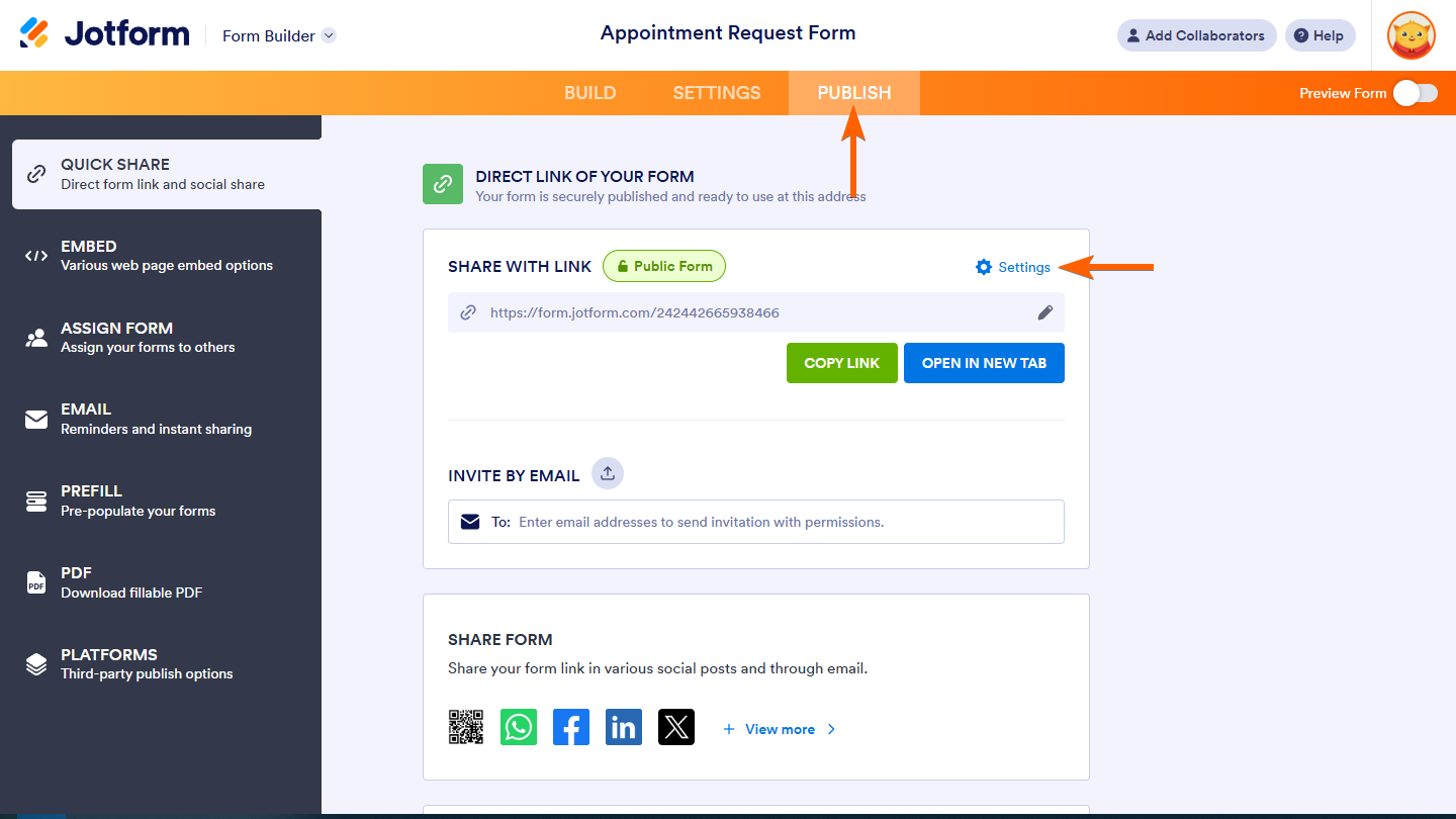 Configuraciones de Compartir con Enlace en la pestaña Publicar de Jotform Form Builder