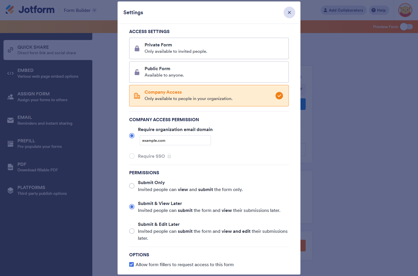 Configuración de Empresa en el modal de Configuraciones de Compartir con Enlace de Jotform Form Builder