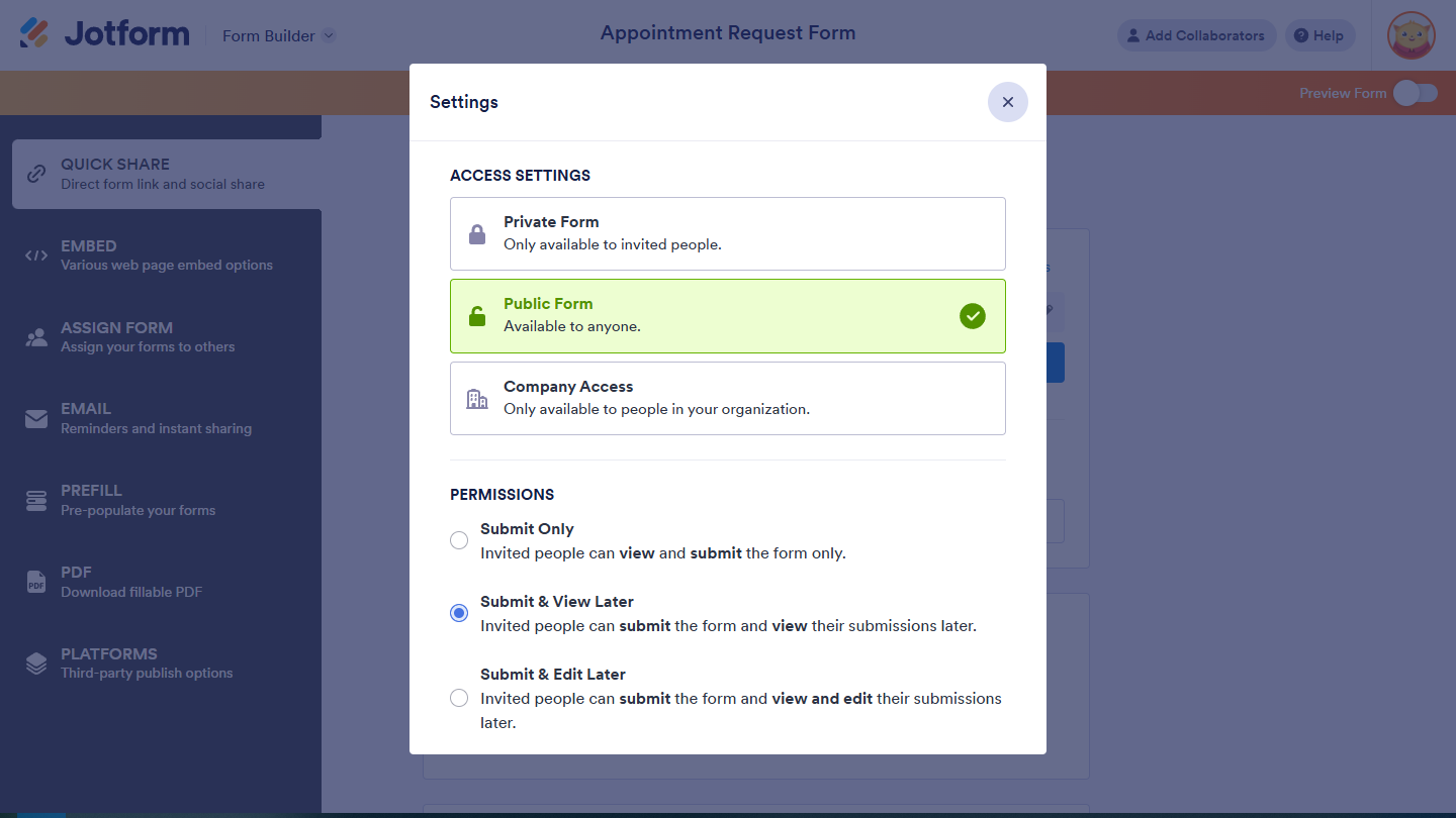 Configuración de Formulario Público en el modal de Configuraciones de Compartir con Enlace de Jotform Form Builder