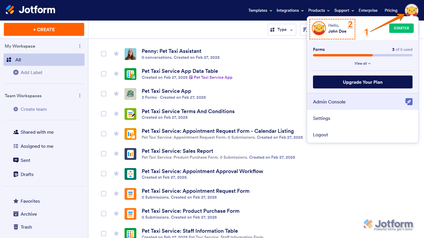 Account Name in the Avatar menu in Jotform My Workspace page