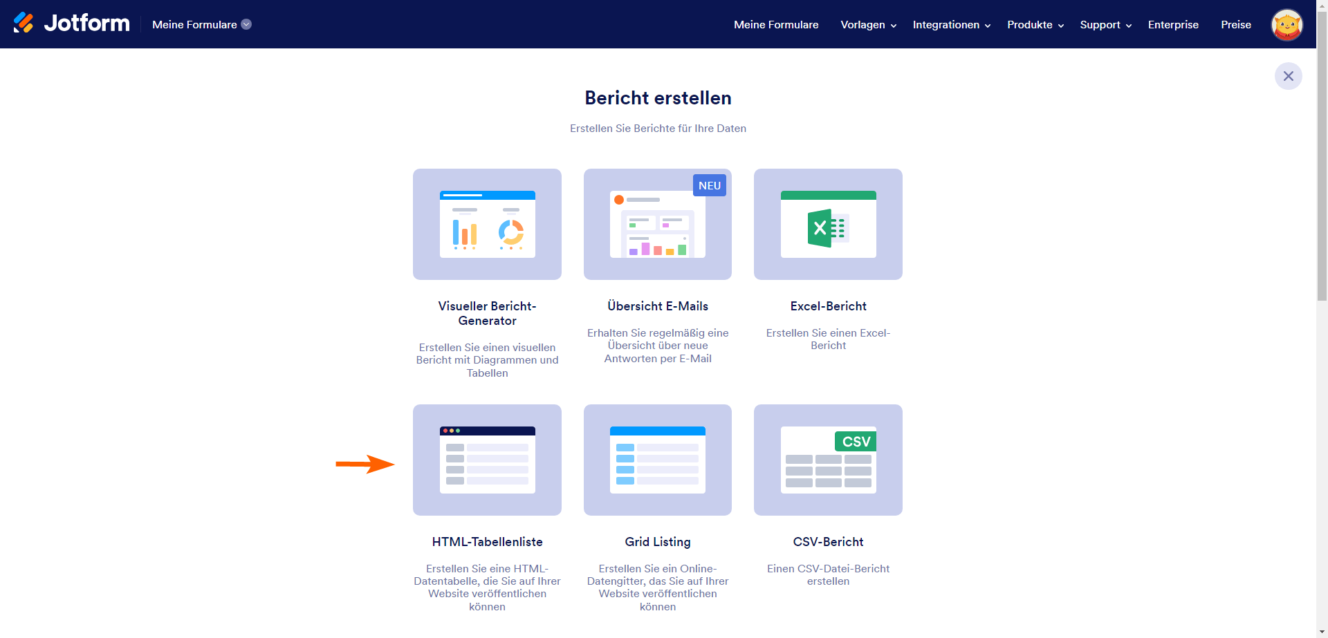 Jotform HTML Listing Bericht