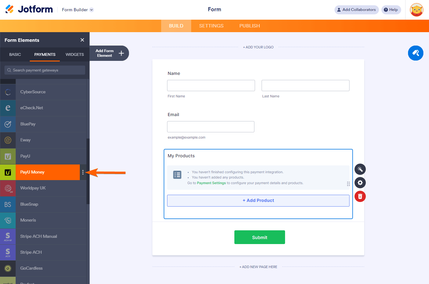 Integración de PayU Money en el Creador de Formularios de Jotform