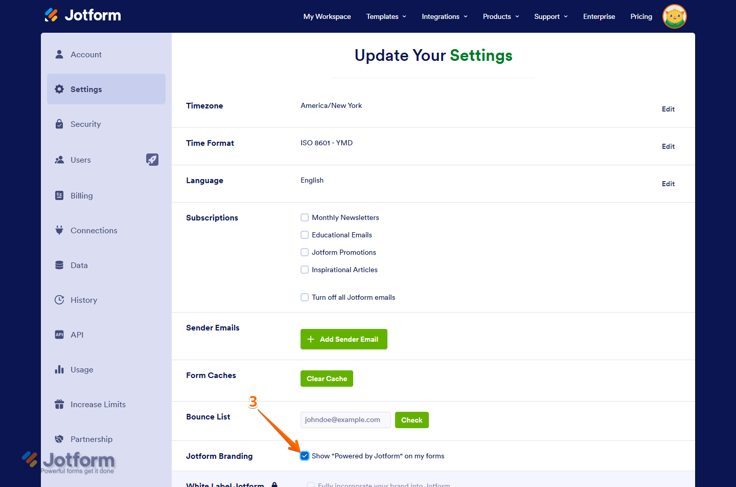 Show Powered By Jotform option of the Jotform Branding setting in Jotofrm Settings page