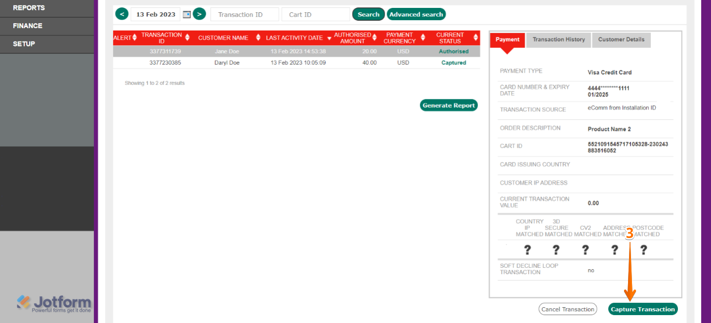 Scroll down in the Worldpay UK transaction details page and click on the Capture Transaction button to complete the payment in Jotform