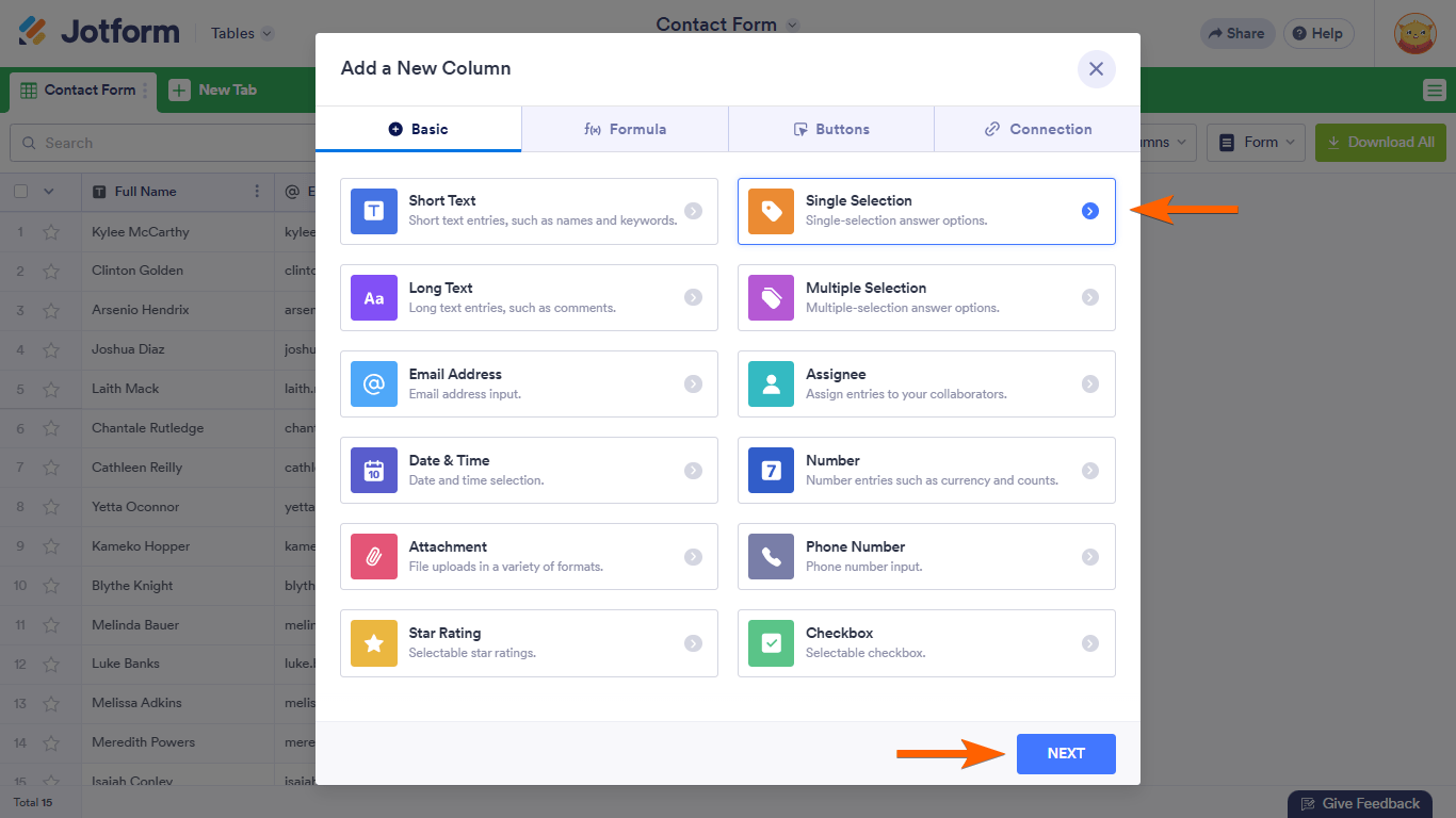 A Single Selection option in Jotform Tables Add a New Column dialog