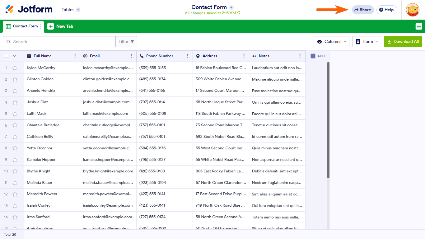 Un botón de compartir en Jotform Tables