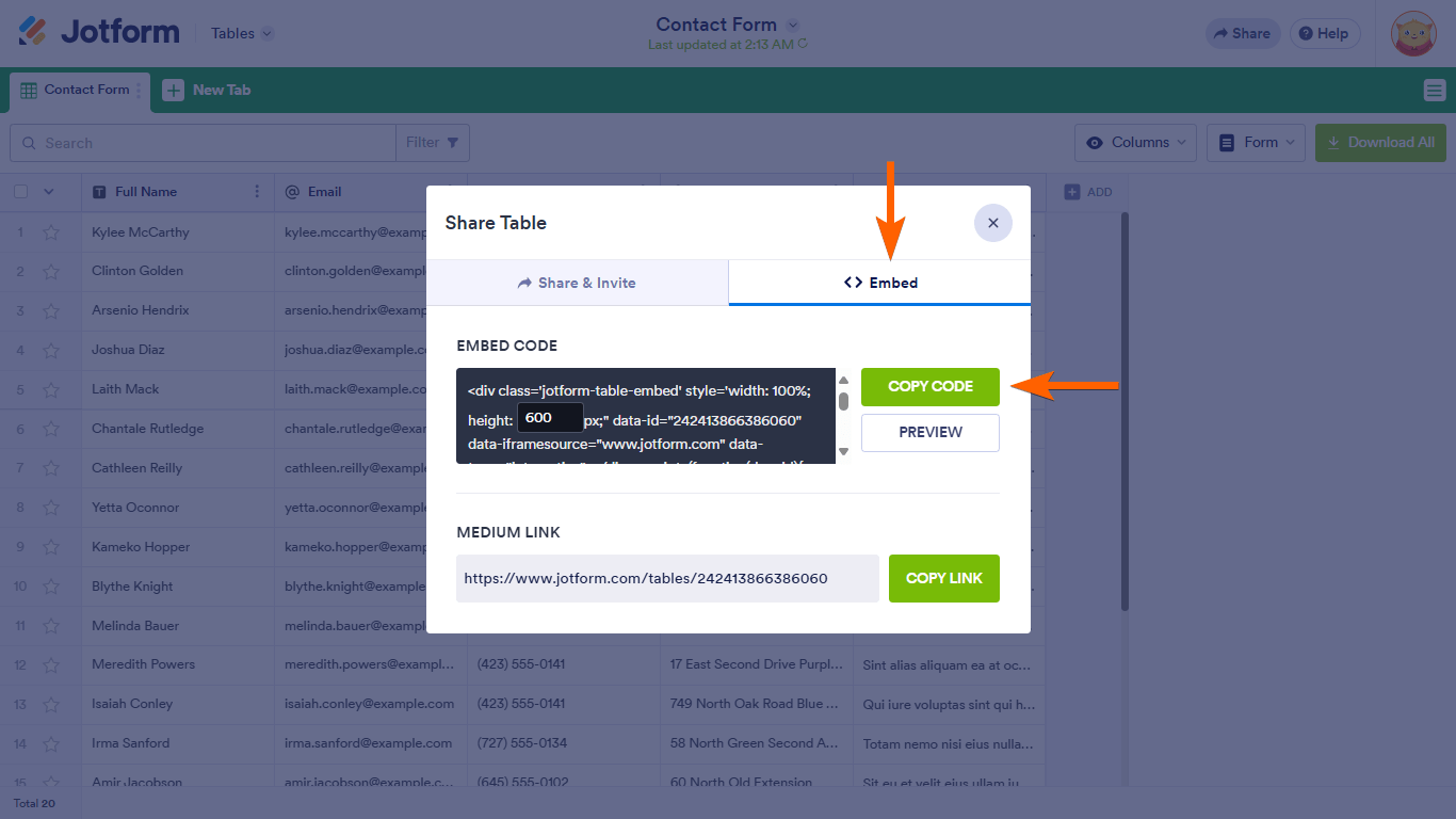 Un botón de Copiar Código en un diálogo de Compartir Tabla de Jotform Tables