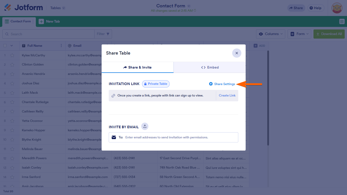 Un enlace de Configuración de Compartición en Jotform Tables
