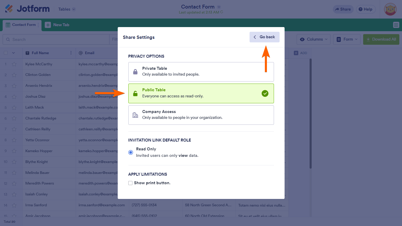 Una opción de Tabla Pública en un diálogo de Configuración de Compartición de Jotform Tables