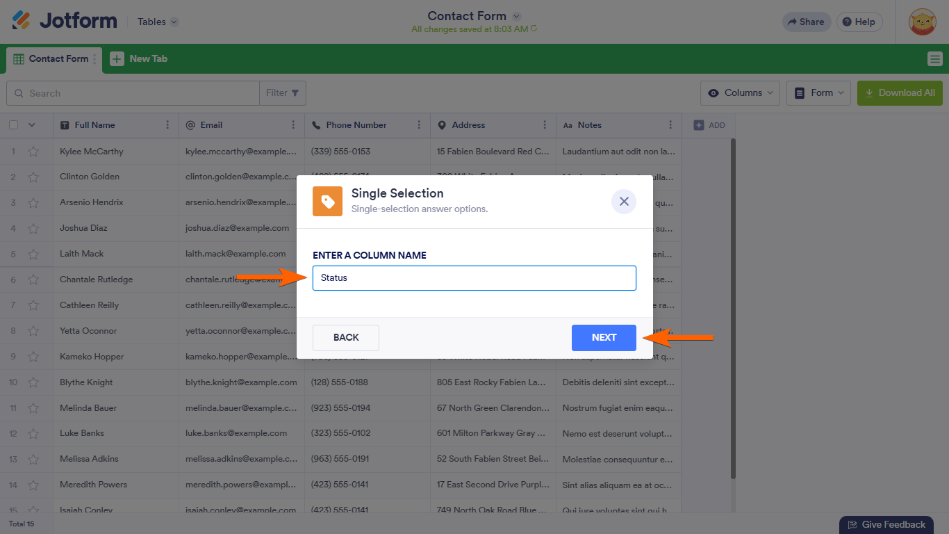 A Single Selection column name in Jotform Tables