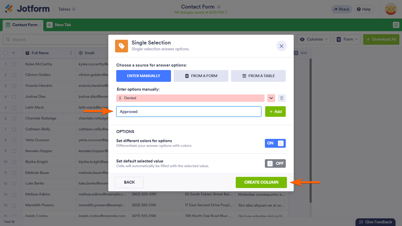 Single Selection options in Jotform Tables