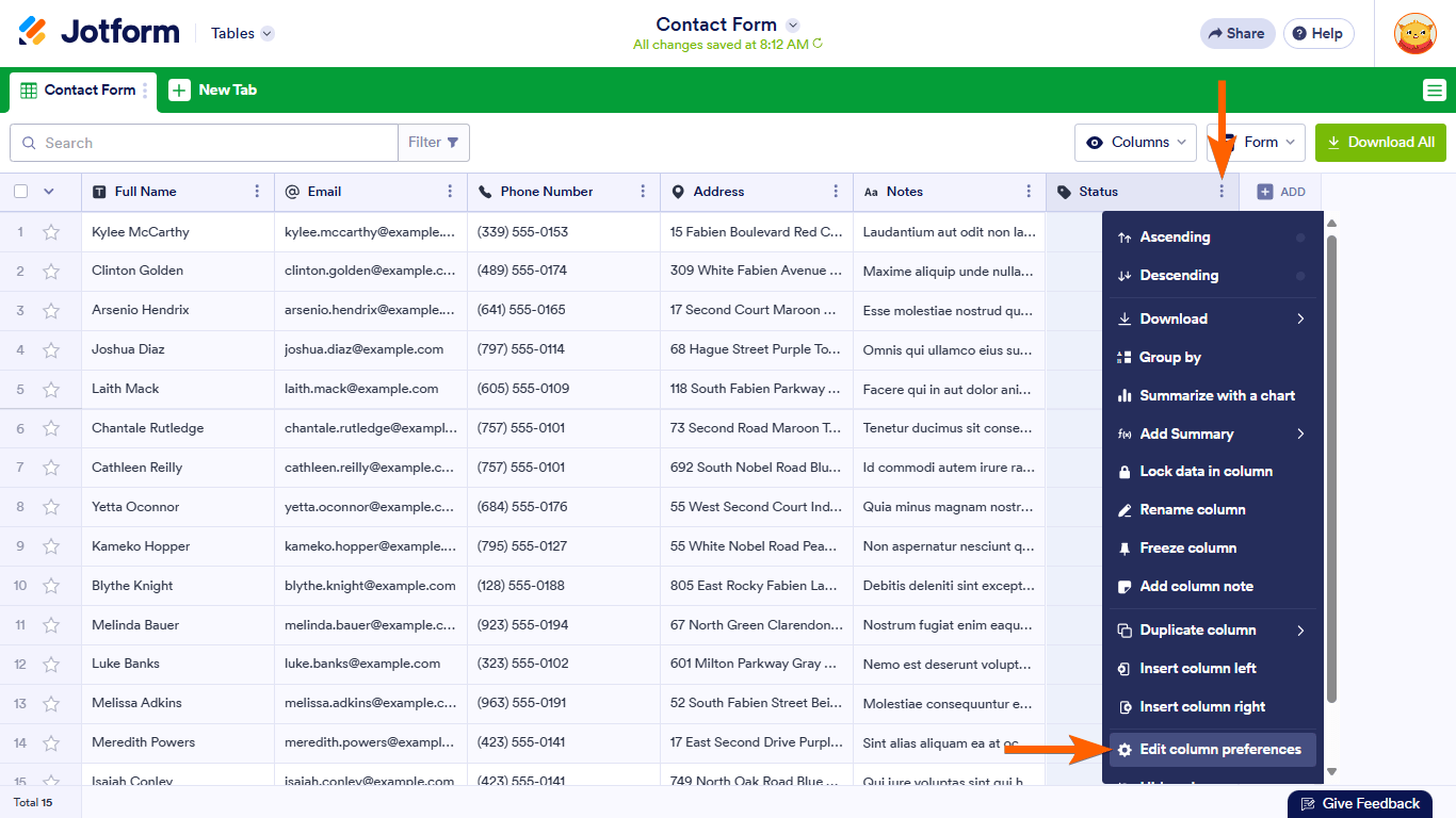 An Edit Column Preferences in Jotform Tables column menu
