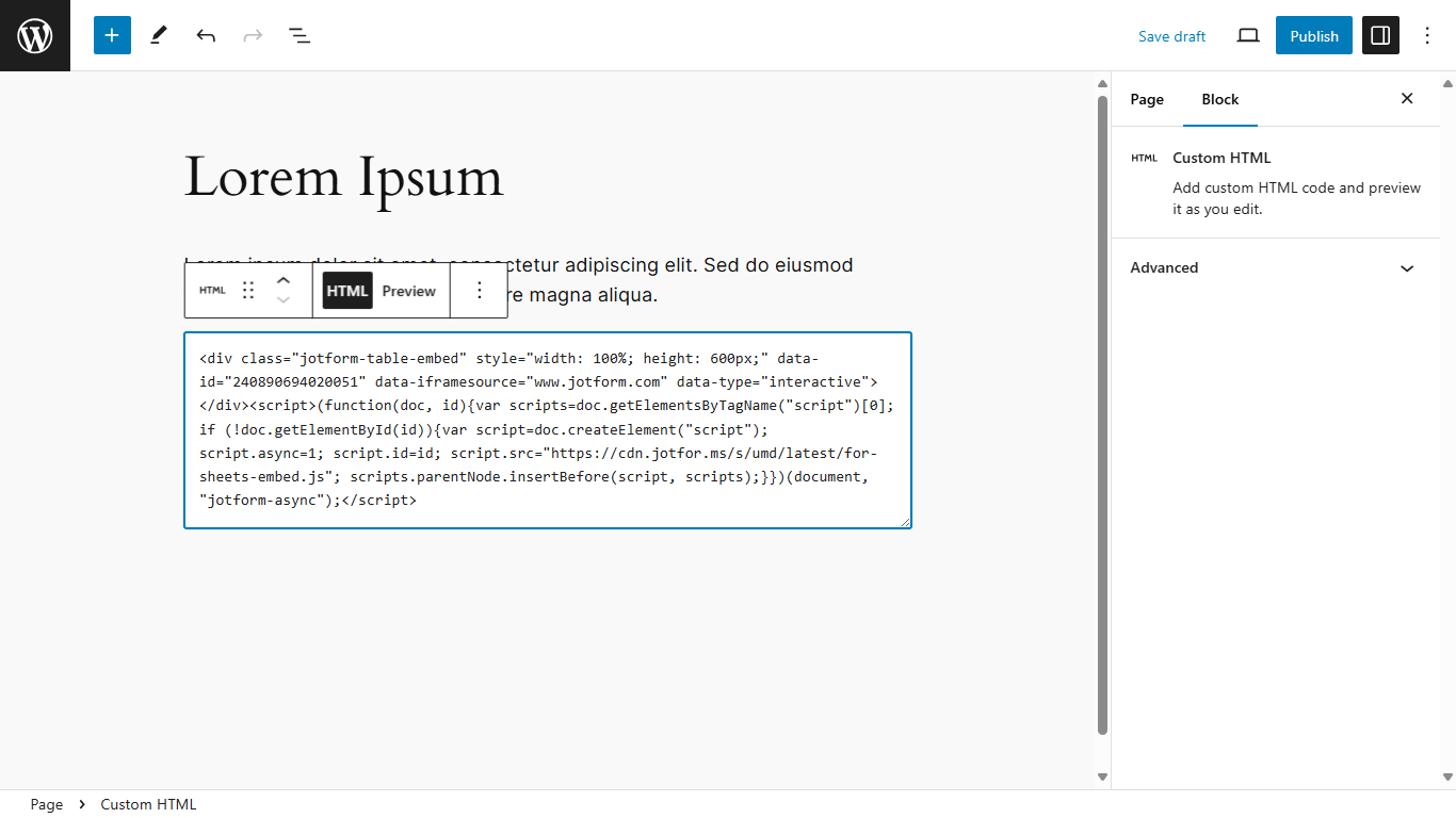 Un código de incrustación de Jotform Tables en WordPress