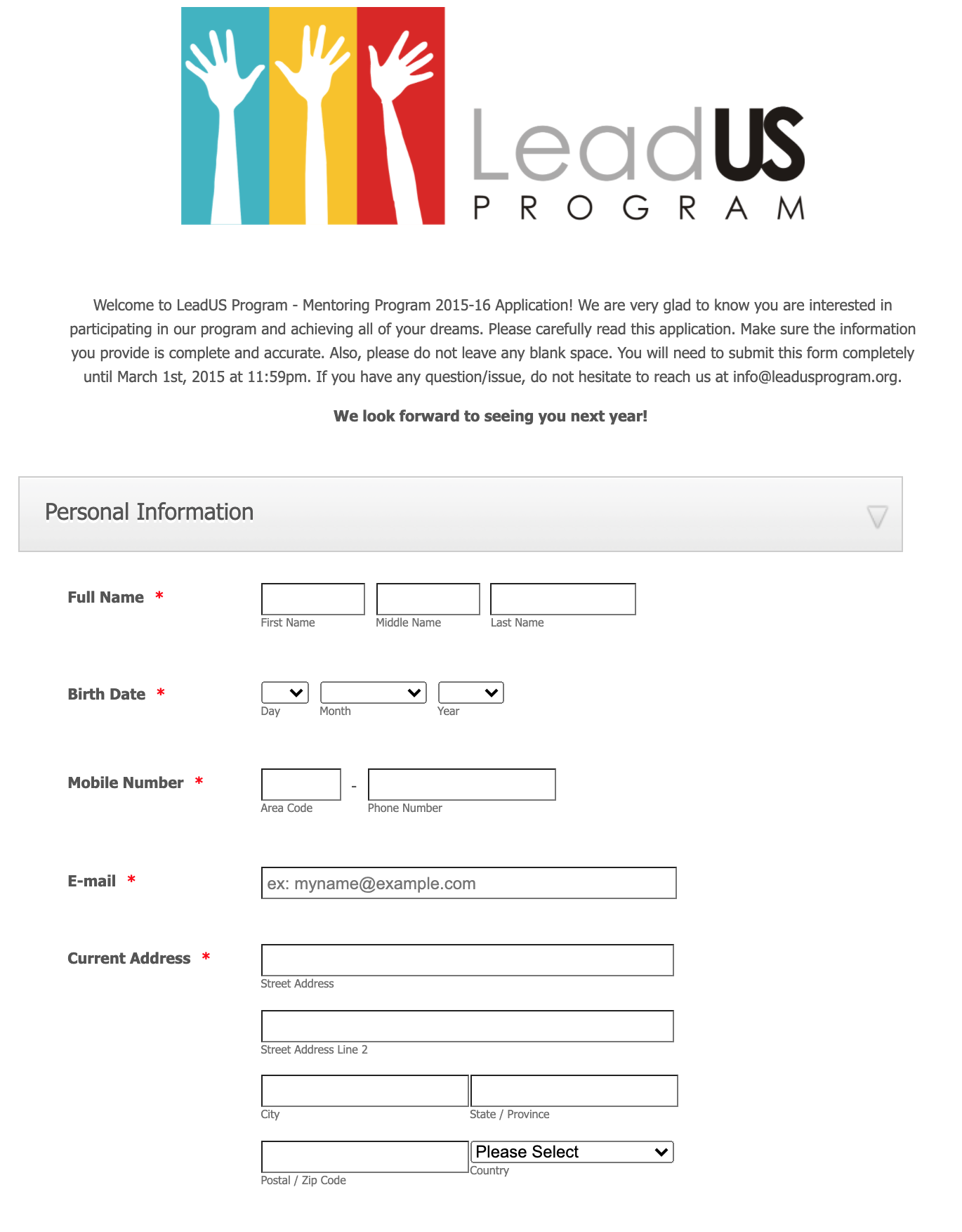 LeadUS mentoring program Application form preview