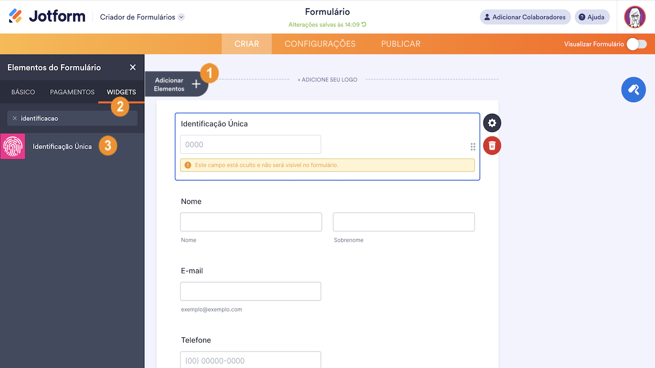 Criador de Formulários - Adicionar widget Identificação Única 