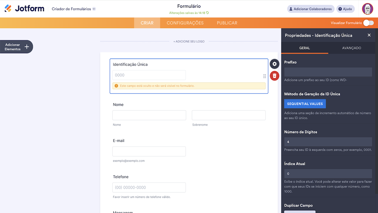 Propriedades do widget Identificação Única