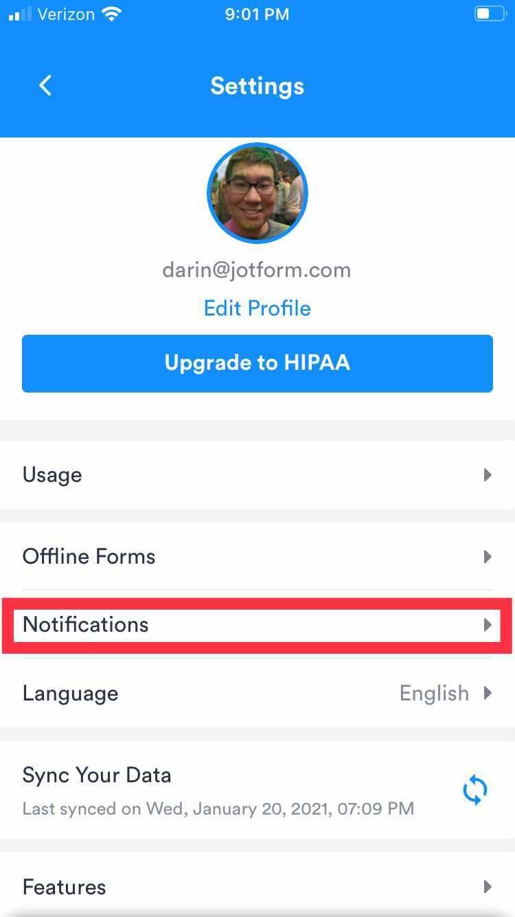 Notifications section in the Settings of Jotform Health App