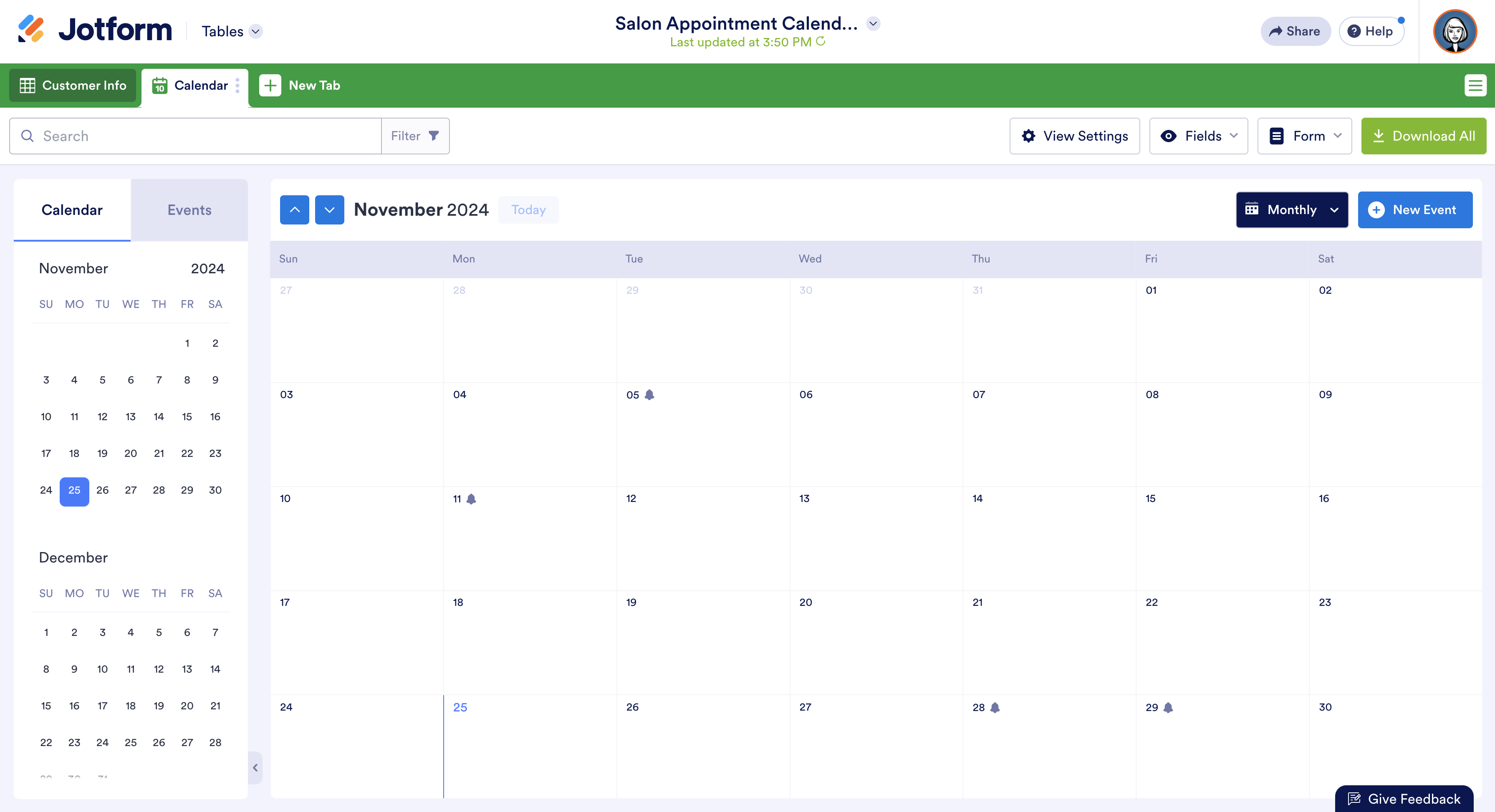 Calendar View of Salon Appointment Calendar