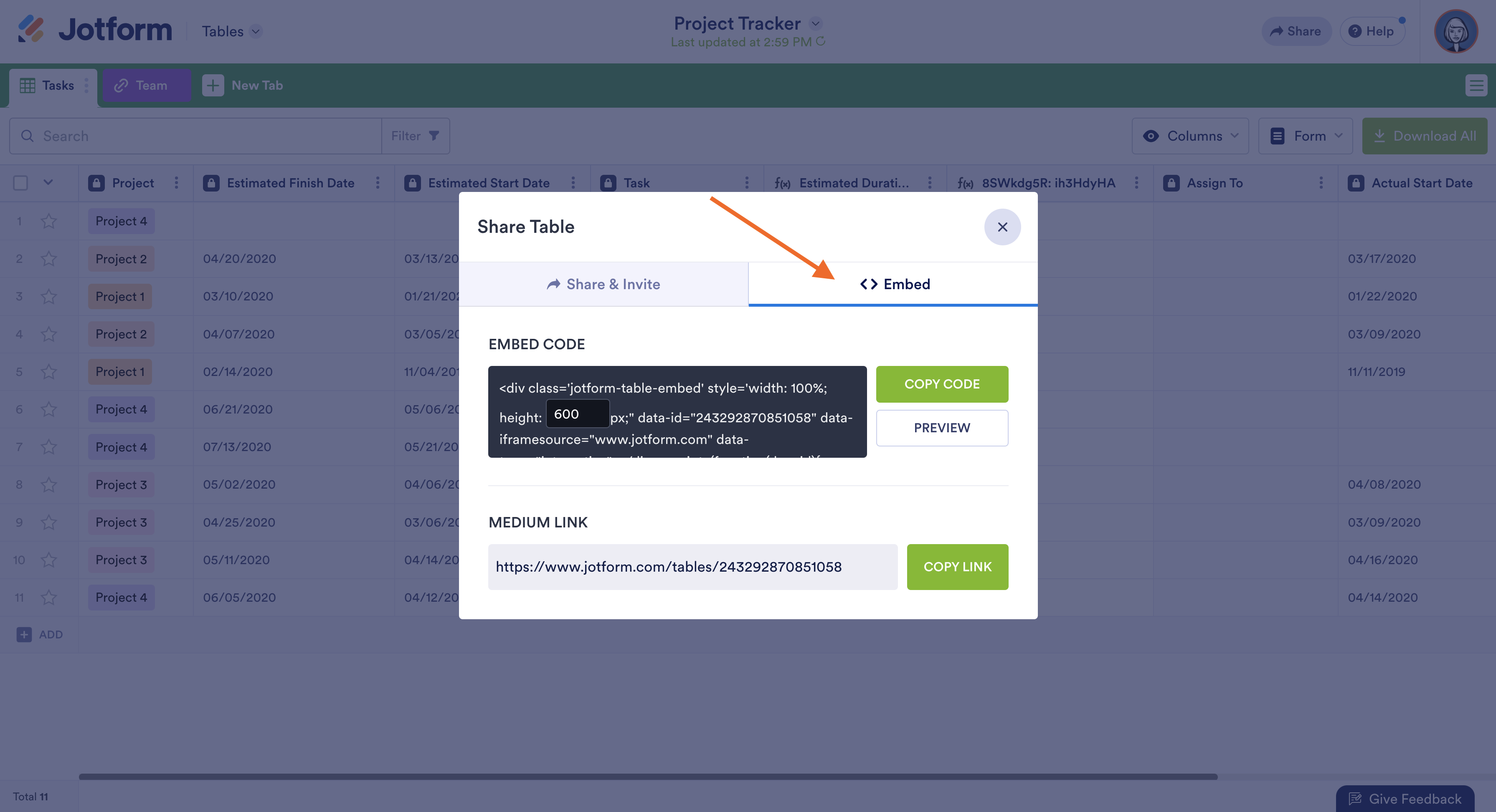 Clicking on the Embed Tab on the Share Table Window