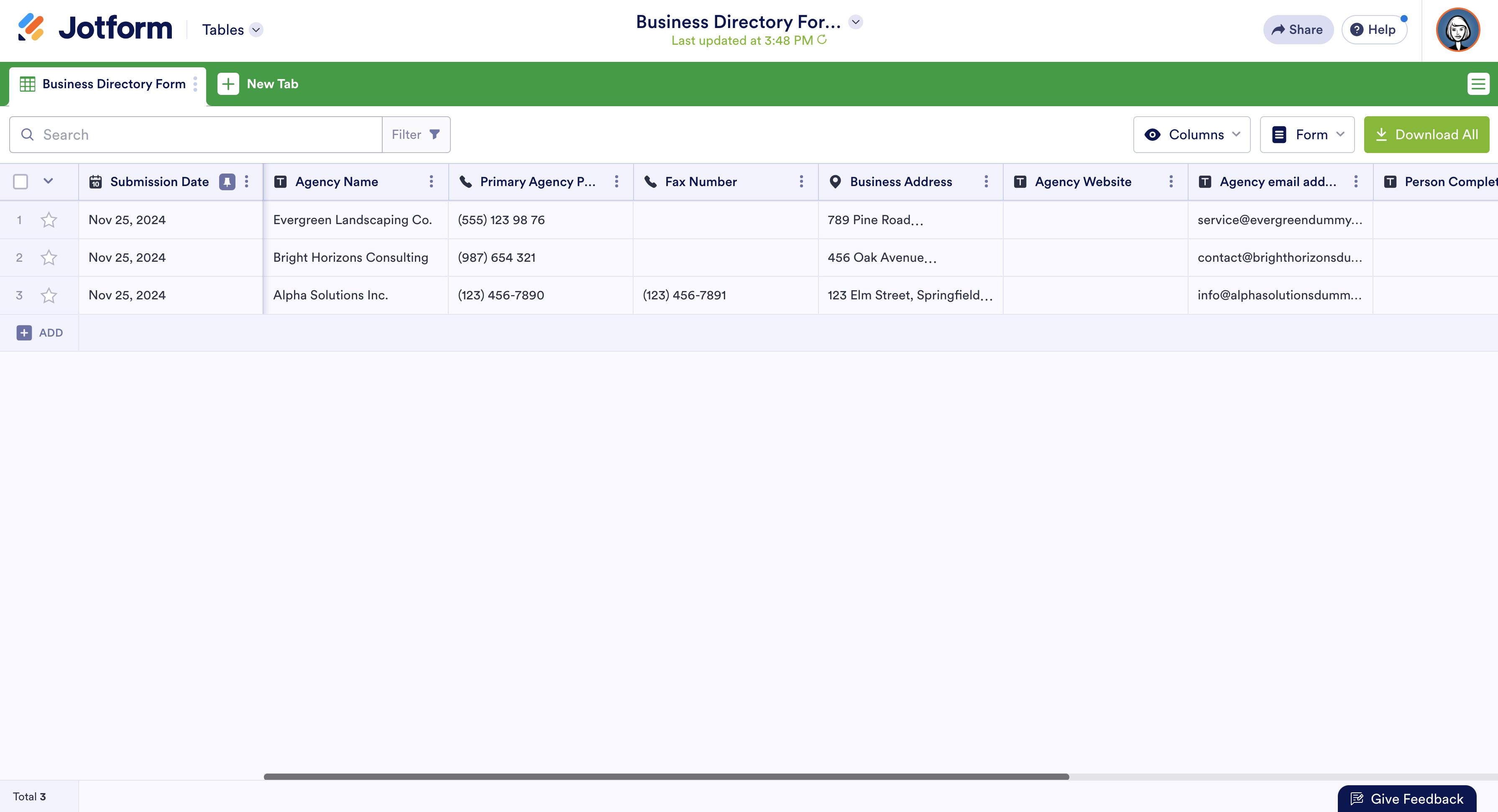 Submissions of Business Dİrectory Form Viewed in Jotform Tables