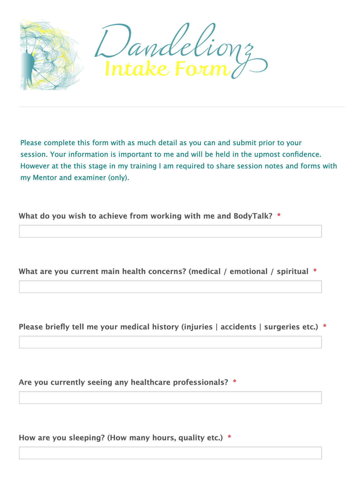 Intake form template for Holistic Practitioners