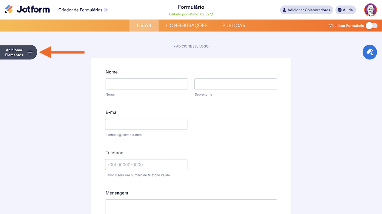 Criador de Formulários - Adicionar elementos