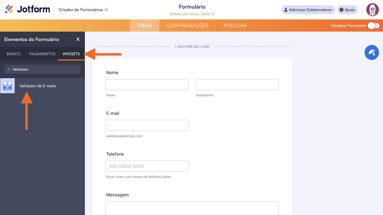 Adicionando o widget Validador de E-mails