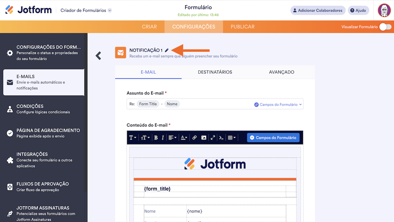 Criador de Formulários - Editando título da notificação por e-mail